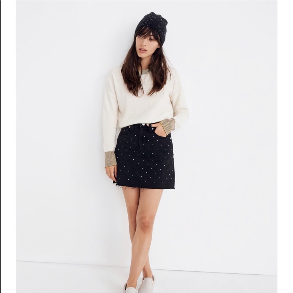 Madewell Black Denim Skirt with Silver Polka-Dots